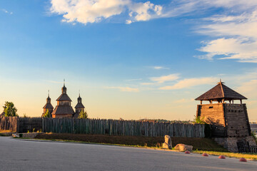 Obraz premium Medieval wooden Zaporozhian Sich on Khortytsia island in Zaporizhia, Ukraine