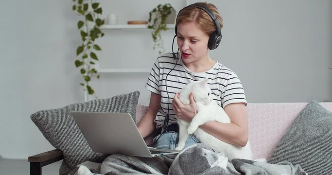 Friendly caucasian smiling sociable girl young woman wears headphones and head microphone holding white cat in her hands her beloved fluffy pet animal speaks by video chat conference online remotely