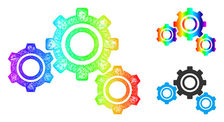 Spectrum colored net gears, and solid spectrum gradient gears icon. Wire carcass flat net geometric symbol based on gears icon, made from crossing lines.