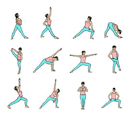 Fototapeta na wymiar Yoga colorful poses set. Line illustration. Woman postures stock illustration