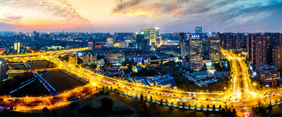 Aerial photography of Hangzhou city modern architectural landscape night view