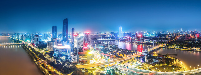 Obraz na płótnie Canvas Aerial photography of Ningbo city architecture landscape night view