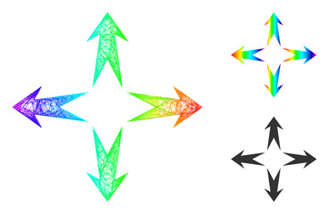 Spectrum vibrant wire frame expand arrows, and solid spectrum gradient expand arrows icon. Wire carcass flat network geometric image based on expand arrows icon, made from crossing lines.