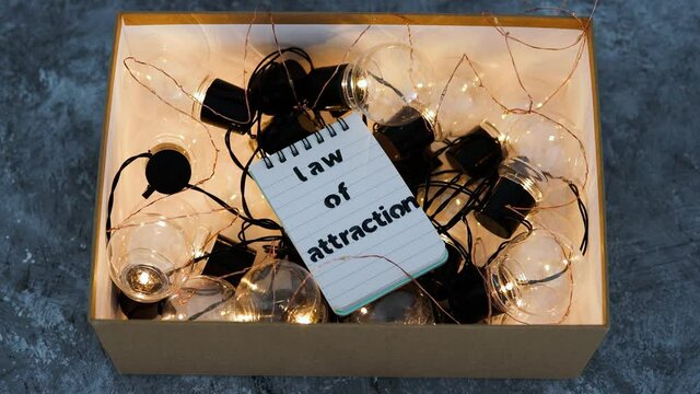 law of attraction and positive mindset, box as metaphor of the mind with Law Of Attraction notepad on top of plenty of idea light bulbs surrounded by fairy lights