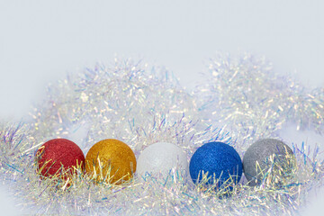 Christmas winter background with balls,  blurred bokeh.Merry christmas greeting card with...