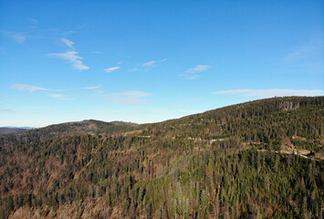 Radziejowa summit from Wielki Rogacz mount. Beskids Mountains in late autumn, Poland.