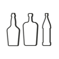 Whiskey and liquor beer bottle. Linear shape. Simple template. Isolated object. Symbol in thin lines for alcoholic institutions, bars, restaurants. Dark outline. Flat illustration on white backdrop