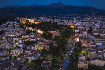 Aerial drone photo of night city Patras, Achaia, Peloponnese, Greece