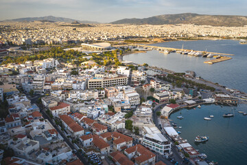 Obraz premium Aerial drone panoramic photo of Pireus, Attica, Greece