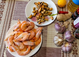 dish of shrimps, macaroons, garlic and herbs