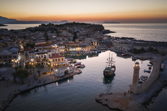 Rethymno evening city at Crete island in Greece. The old venetian harbor.