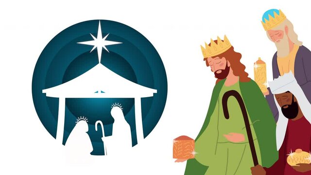 happy merry christmas celebration with holy family silhouette and wise men