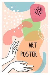 Cute hand drawn shapes poster with hands drawing. Doodle elements and objects. Abstract contemporary vector illustration