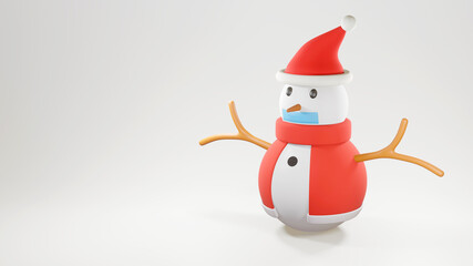 Snowman mask and snow 3d render,in coronavirus pandemic in merry christmas festival holiday. 
snowman mask cartoon during quarantine covid for healthty of xmas concept in winter and happy
new year.