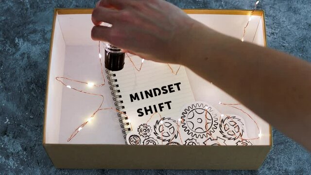 law of attraction, box as metaphor of the mind with idea light bulb and gear mechanism with Mindset Shift notepad and fairy lights