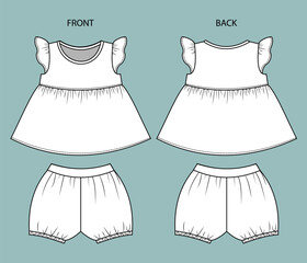 set of baby girl clothes front and back view. baby wear isolated. 