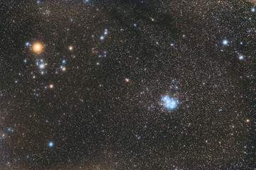 Astronomical photography. Constellation Taurus and Pleiades. Stars against the background of dark...
