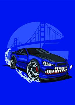 Illustration monster blue drift car, high quality colored design with fun concept, made from original sketch and digitalize using corel draw, photoshop, adobe illustrator. Available in CDR. Ai. EP