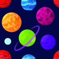 Seamless pattern of planets. Vector cartoon background. Flat design.