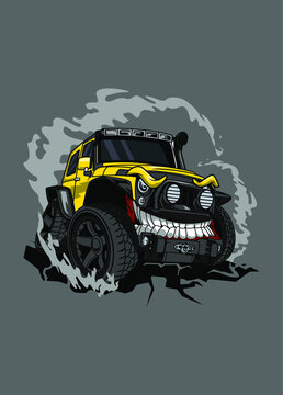 Vector off road yellow monster car, high quality colored design with fun concept, made from original sketch and digitalize using corel draw, photoshop, adobe illustrator. Available in CDR. Ai. EP