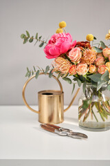 Bouquet 011. Finished flower arrangement in a vase for home. Flowers bunch, set for interior. Fresh cut flowers for decoration home. European floral shop. Delivery fresh cut flower.
