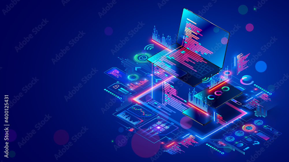 Fototapete Software development for different devices. Process of optimization, debugging program or code for laptop, phone, tablet. Creation adaptive application on programming languages. computer technology.