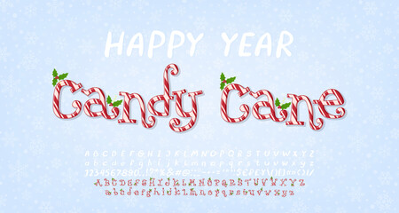 Happy Year Candy Cane, funny cute background for poster, website, flyer. Cartoon alphabet with mistletoe decoration