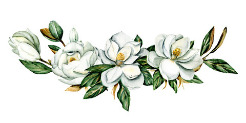 White flowers magnolia, watercolor floral clip art. Perfectly for printing design on invitation, card, wall art and other. Isolated on white background. Hand painting. © Larisa
