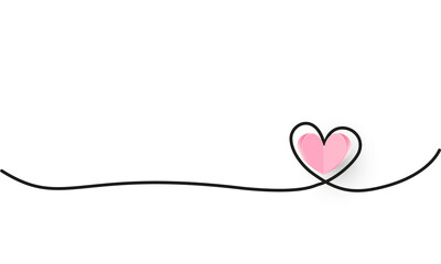 Continuous line heart shape border with realistic paper heart on white background for valentines, women, mother day greeting invitation graphic design