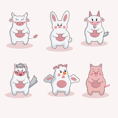 Pets,farm animals, funny horse, rooster flapping its wings, pig crying, bull smiling, serious rabbit, cute cartoon animals in kawaii style