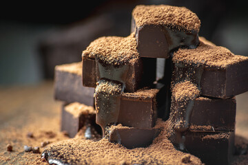 Delicious cubes of bitter dark chocolate strewed with cocoa powder on a wooden table