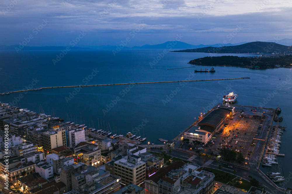 Wall mural Aerial panoramic view of Volos city at twilight. Magnesia - Greece.