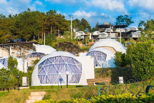 Phetchabun, Thailand - November, 28, 2020 : Geodesic dome Tents Of Status Resort on hill in Khao Kho, Phetchabun, Thailand