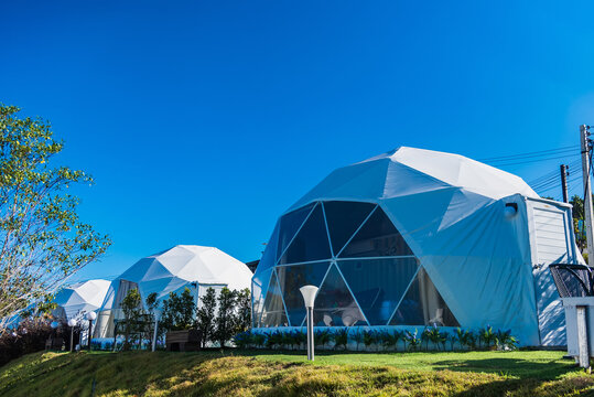 Phetchabun, Thailand - November, 28, 2020 : Geodesic dome Tents Of Status Resort on hill in Khao Kho, Phetchabun, Thailand