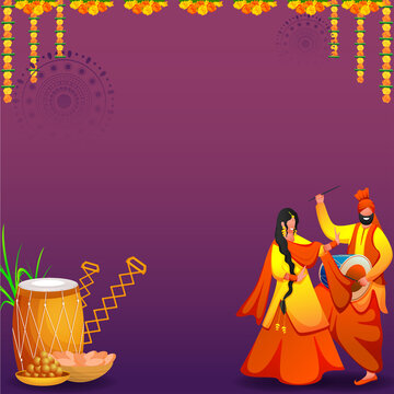 Cartoon Punjabi Couple Performing Bhagra Dance With Music Instruments, Sweet Bowls And Floral Garland On Purple Background.