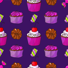 Vector seamless sweets pattern on purple background. Cupcakes, chocolate, marshmallows, cherry. Perfect for printing on fabric, paper.