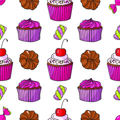 Vector seamless sweets pattern on white background. Cupcakes, chocolate, marshmallows, cherry. Perfect for printing on fabric, paper.
