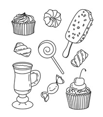 Antistress sweets and pastries coloring page. The set consists of: marshmallows, cupcakes, muffins, popsicle ice cream, marshmallows, candy on a stick, cappuccino. Vector illustration for art therapy.