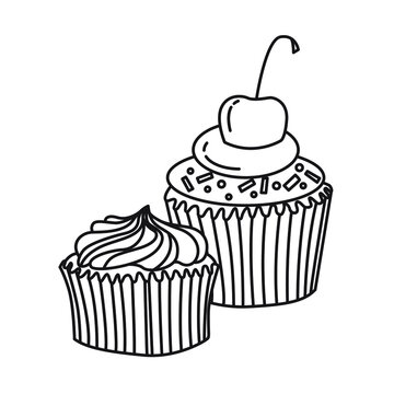 Black and white drawing of two cupcakes with cream and cherry. Drawn by hand. Clip art. Suitable for postcards, flyers, banners, invitations.Vector illustration  antistress coloring page.