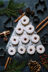 dark food christmas butter shortbread gingerbread cookie bisquits with sugar, coconut and cinnamon. Winter holiday baked dessert
