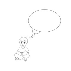 Junge Kind sitzt barfuß Schneidersitz am Boden Buch in Hand liest denkt nach Denkblase Vorlage layout lernen Bildung reden sprechen erzählen vorlesen Geschichte Schüler nachdenklich lachen Ausmalbild