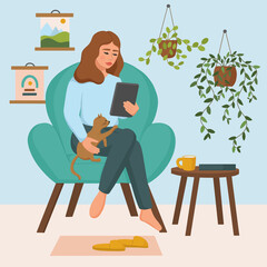 Young woman sitting in a comfortable armchair with tablet and a cute cat at home. Freelancer, remote work, online education. Home office. Vector illustration.
