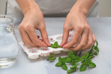 Heart shaped ice molds and fresh green mint leaves close up on light marble background. Drinks with frozen mint leaves recipe