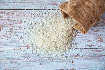 rice in burlap sack bag