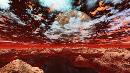 3D illustration of an alien planet with a lake and mountains under a cloudy sky. 3D rendered.