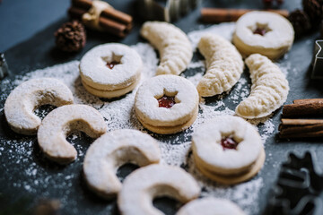 dark food christmas butter shortbread gingerbread cookie bisquits with sugar, coconut and cinnamon. Winter holiday baked dessert