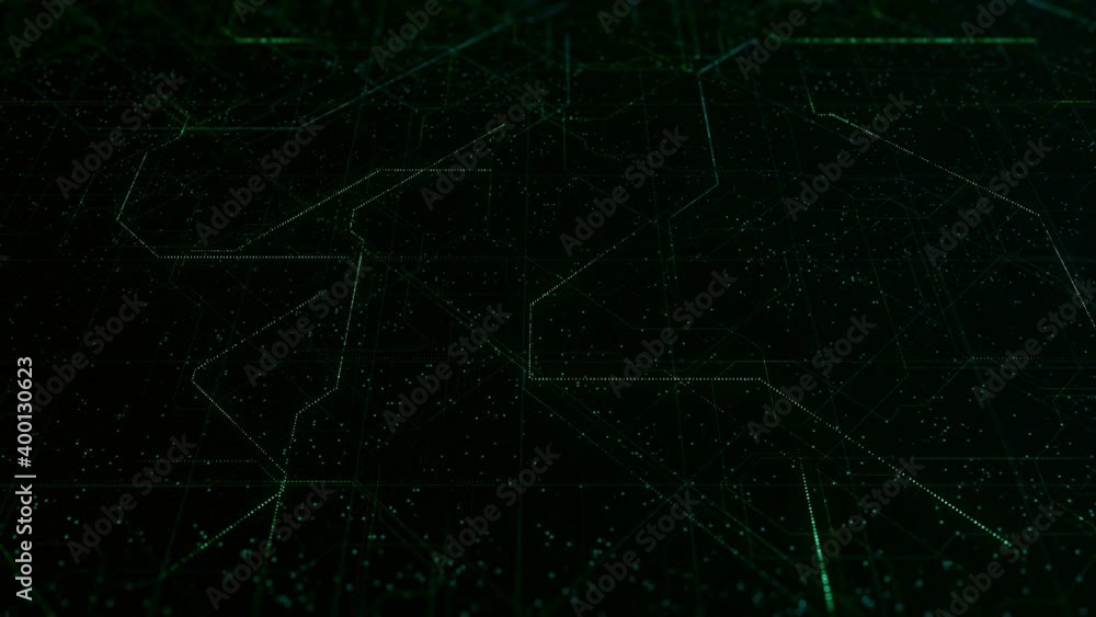 Poster Scheme of lines on green background. Animation. Diagram with moving lines in cyberspace of matrix. Diagram In matrix with shiny green background