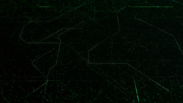 Scheme of lines on green background. Animation. Diagram with moving lines in cyberspace of matrix. Diagram In matrix with shiny green background