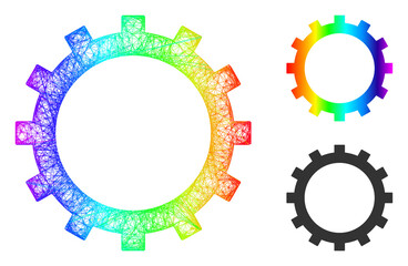 Spectrum colorful wire frame gear, and solid spectrum gradient gear icon. Crossed frame flat net geometric image based on gear icon, created from crossed lines.
