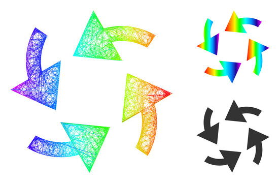 Spectral colorful network cyclone arrows, and solid spectral gradient cyclone arrows icon. Crossed frame 2D network abstract image based on cyclone arrows icon, is generated with crossed lines.